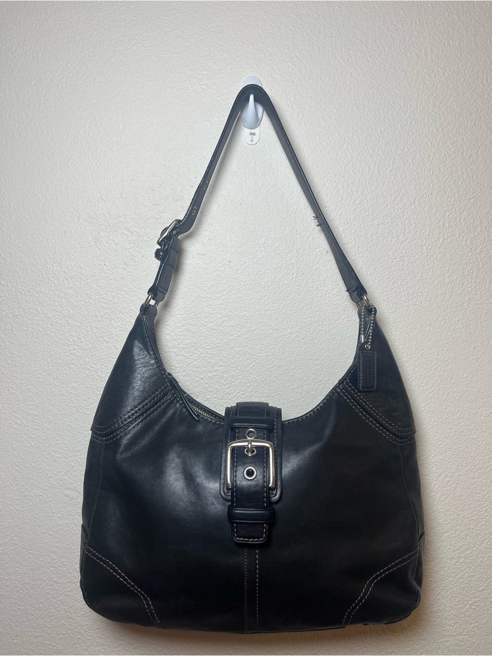 Coach Rare Large Black Leather Shoulder Bag with Buckle Accent Vintage Y2K